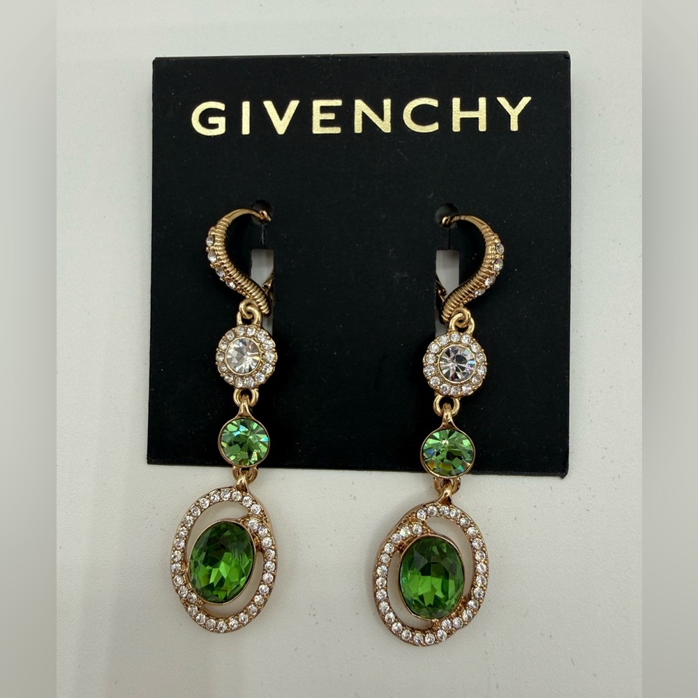 Givenchy Statement Drop Gold Tone With Green And Clear Crystals Earrings - Picture 3 of 15
